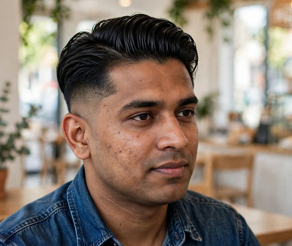 Voluminous slick back top with skin-tight fade on thick black hair, denim shirt, bright café