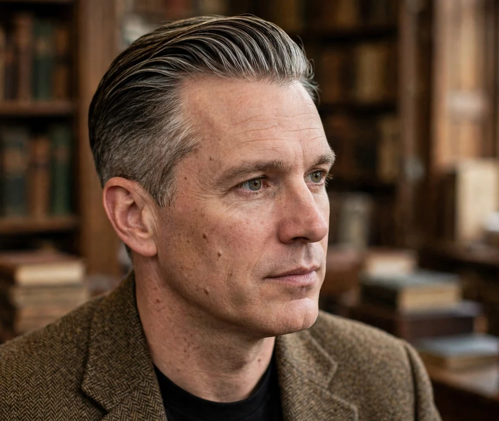Classic tapered slick back on salt-and-pepper hair, tweed jacket, old library