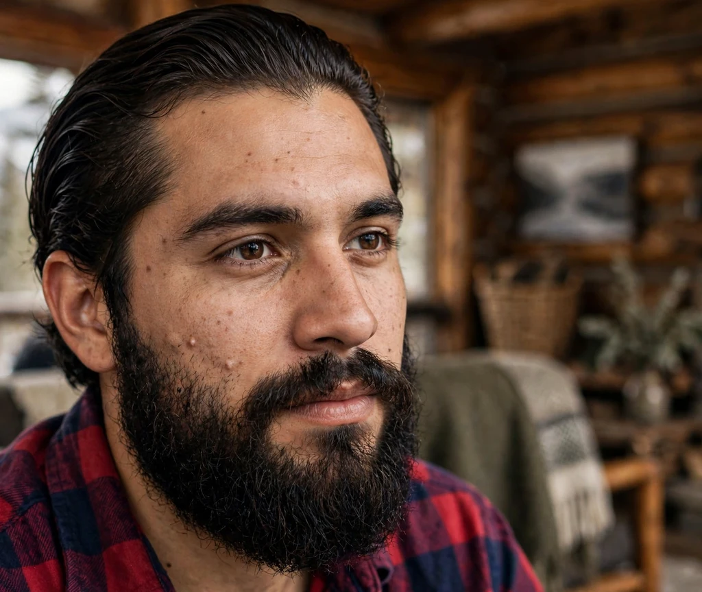 Swept-back dark hair paired with a thick full beard, flannel shirt, mountain lodge