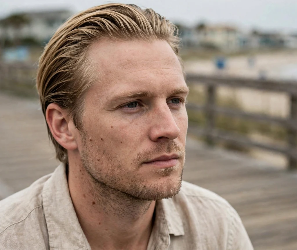 Neat swept-back blonde top with light stubble on the jaw, linen shirt, beach boardwalk
