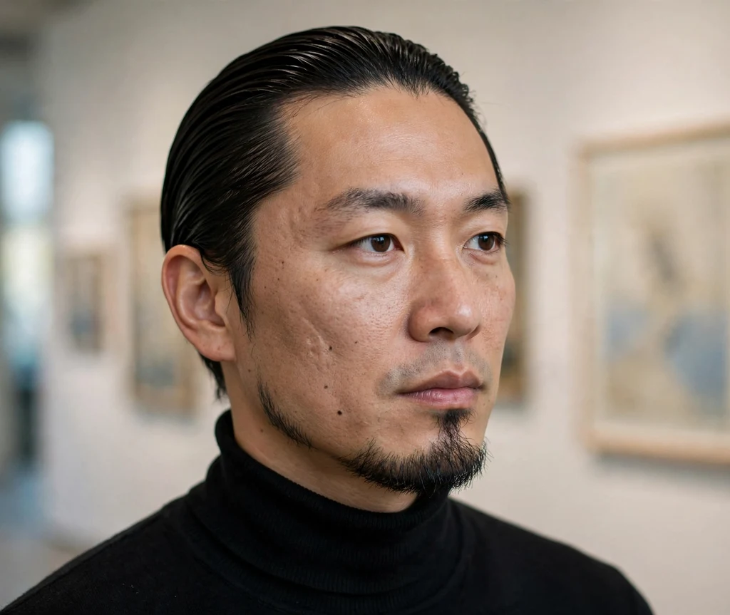 Slicked-back straight black hair with a sharp dark goatee, black turtleneck, art gallery