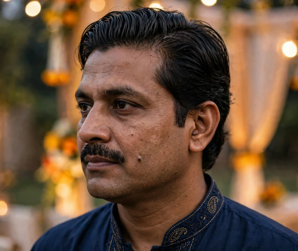 Classic swept-back dark hair with a neat trimmed mustache, kurta, wedding venue with warm lights