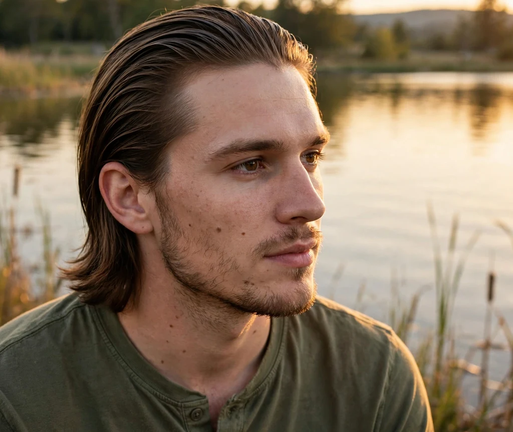 Shoulder-length brown hair slicked straight back behind the ears, henley shirt, lakeside at golden hour