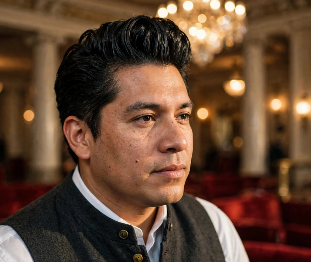 High-volume pompadour swept back with tapered sides on dark hair, suit vest, theater lobby