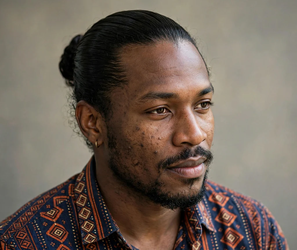 Hair pulled back into a neat low bun with smooth slicked top, patterned shirt, photo studio