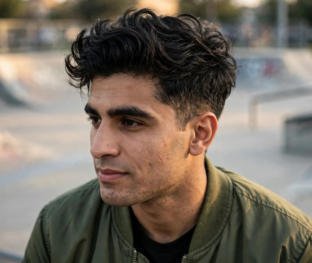 Tousled textured top swept back with matte finish and faded sides on dark hair, bomber jacket, skate park