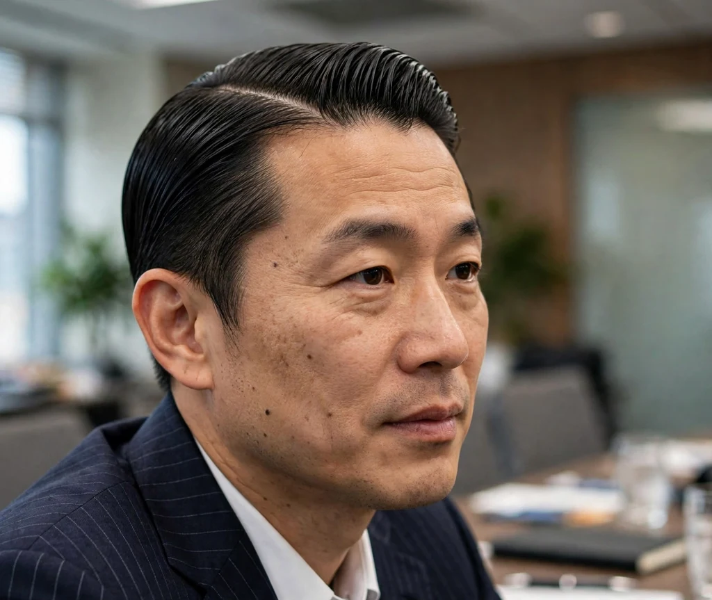 Slick back with razor-sharp hard side part on straight black hair, pinstripe suit, conference room