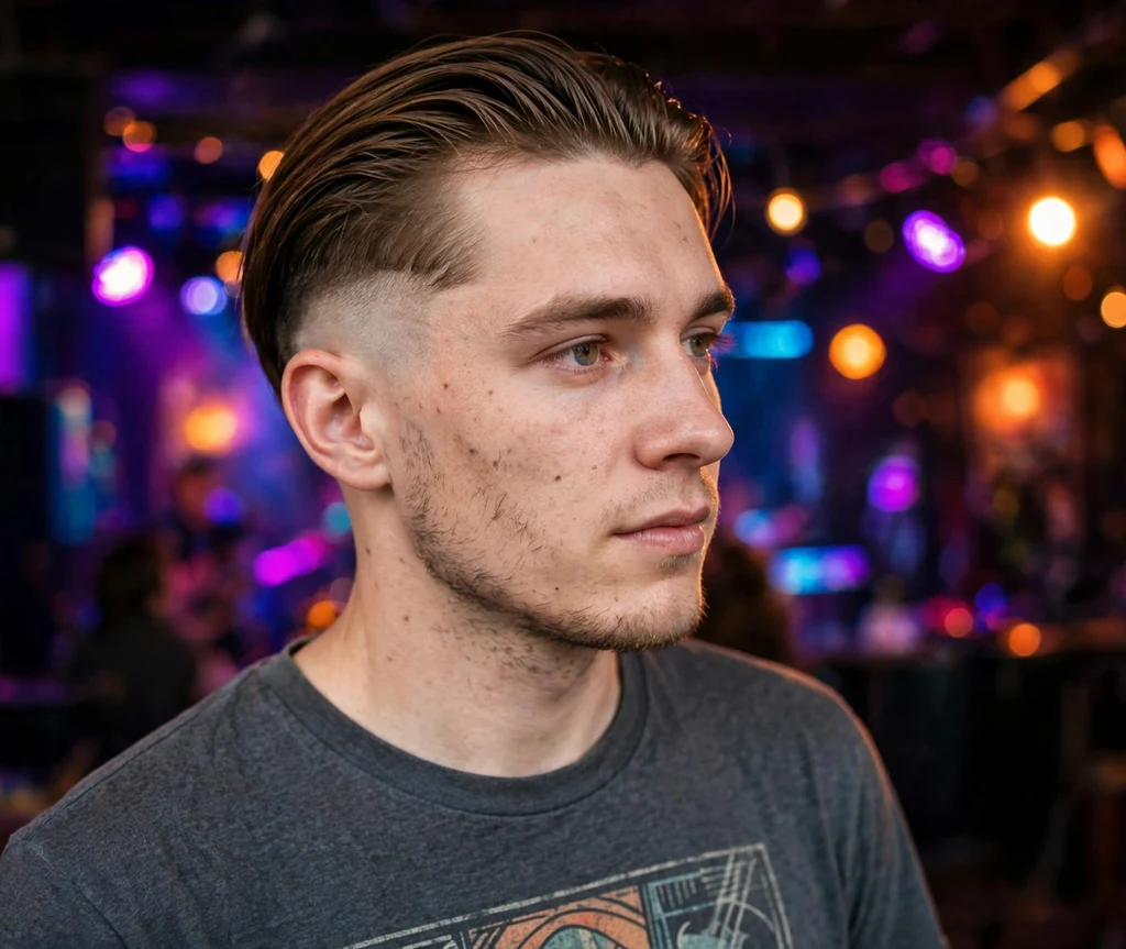 Disconnected slick back with long top and very short sides on brown hair, graphic tee, music venue