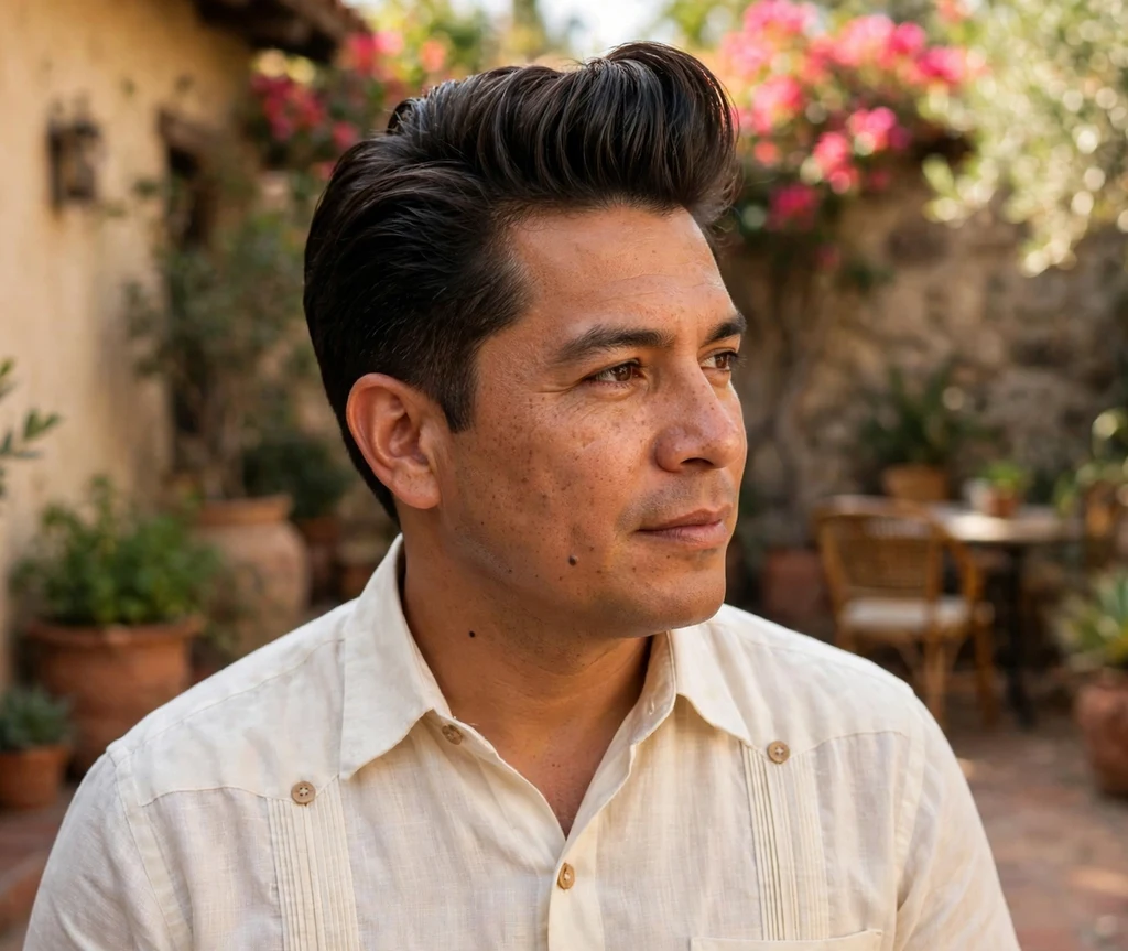 Tall quiff swept back with volume at the front on thick dark hair, guayabera shirt, sunny courtyard