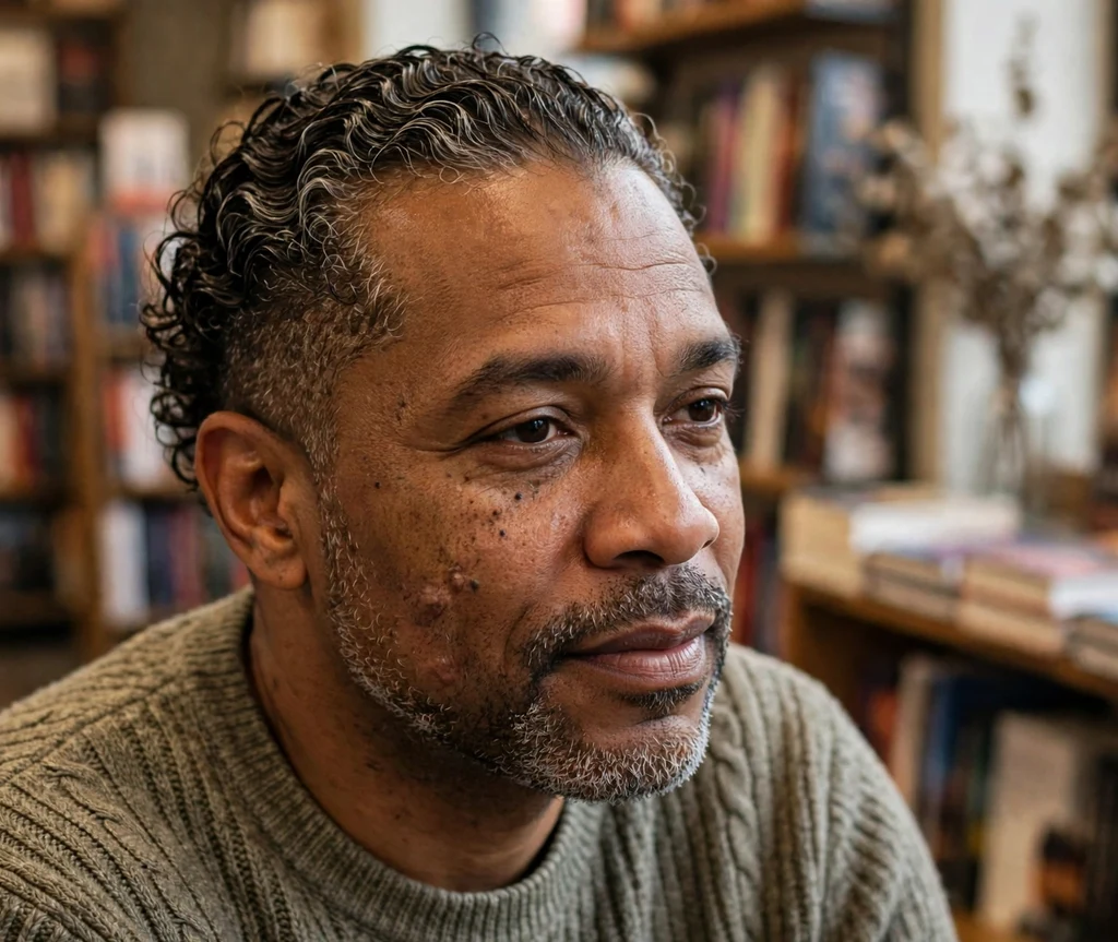 Natural curls pushed back with light hold and tapered sides on gray-flecked hair, knit sweater, cozy bookstore