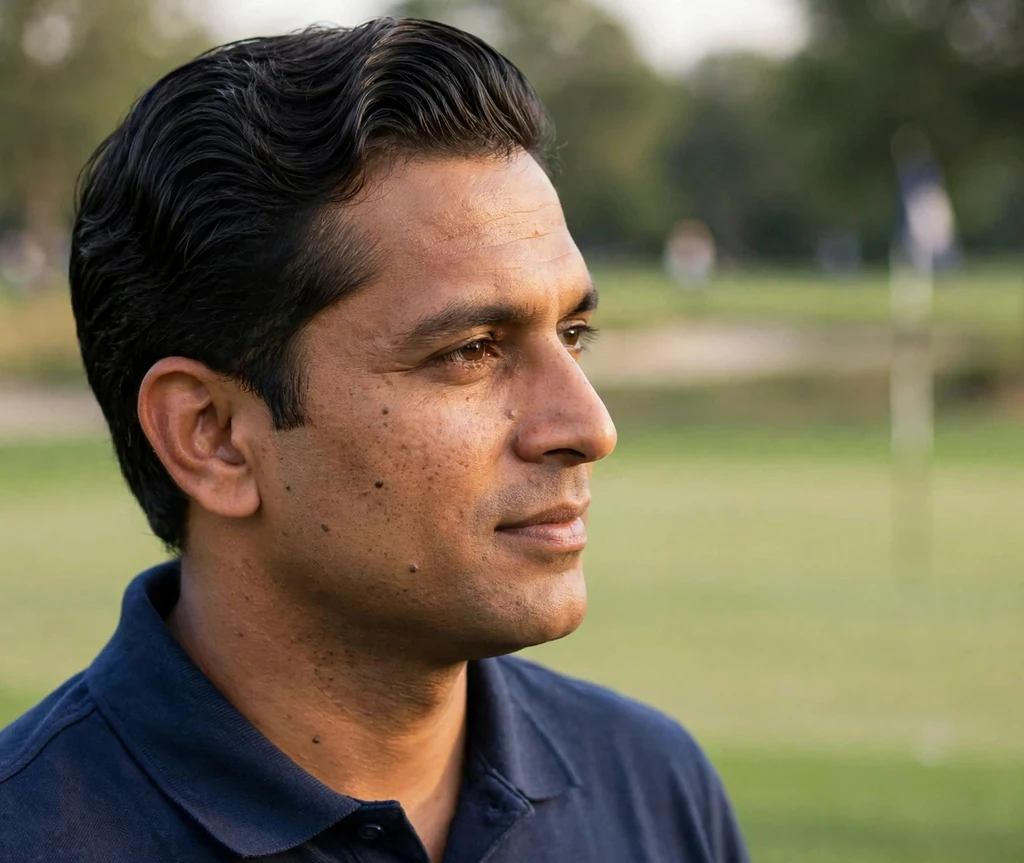 Natural waves swept back with medium hold on black hair, polo shirt, golf course