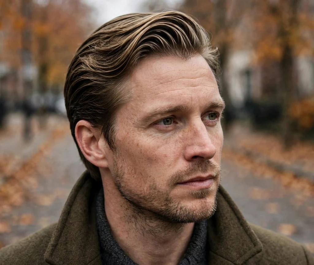 Hair swept back and to one side with a soft part on dark blonde hair, overcoat, autumn street