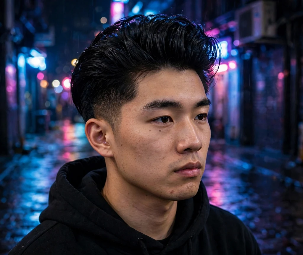Big voluminous top swept straight back with faded sides on thick black hair, streetwear hoodie, neon alley