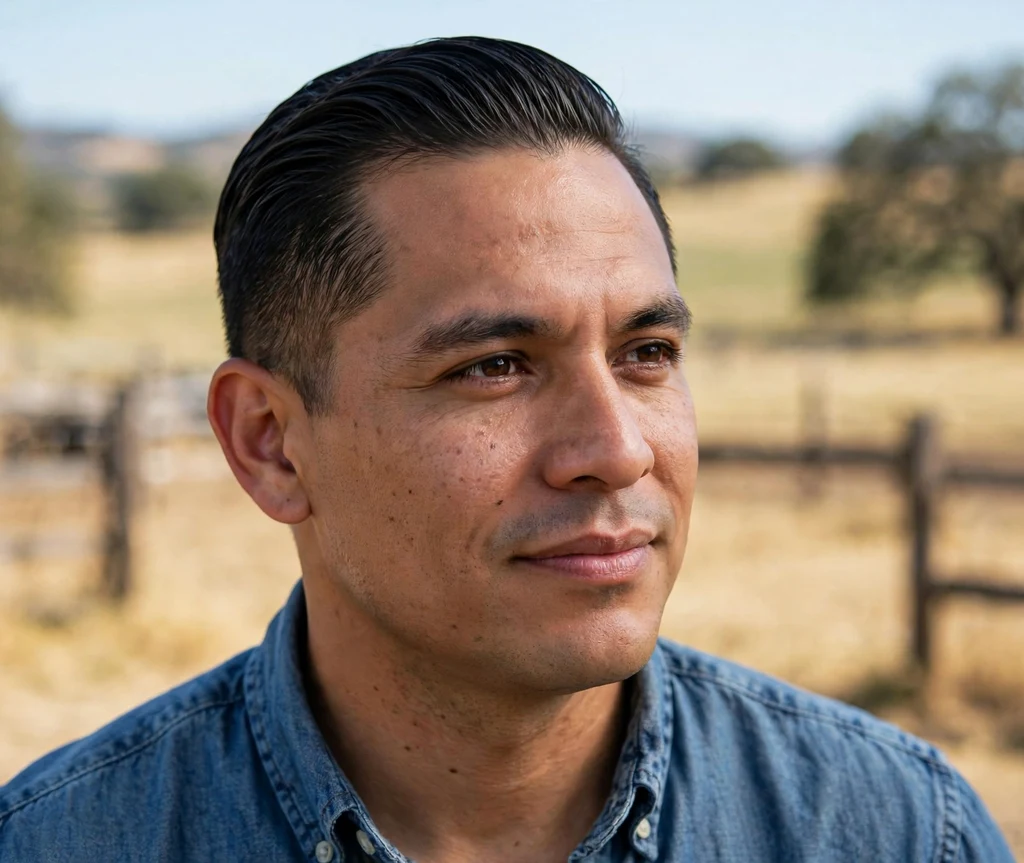 Short cropped top combed back with short sides on dark hair, chambray shirt, ranch landscape