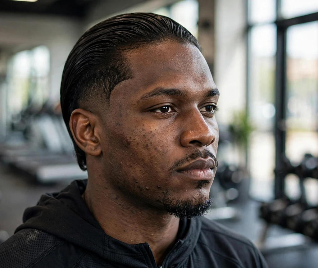 Swept-back top with drop fade curving around the ears on short dark hair, athletic wear, modern gym
