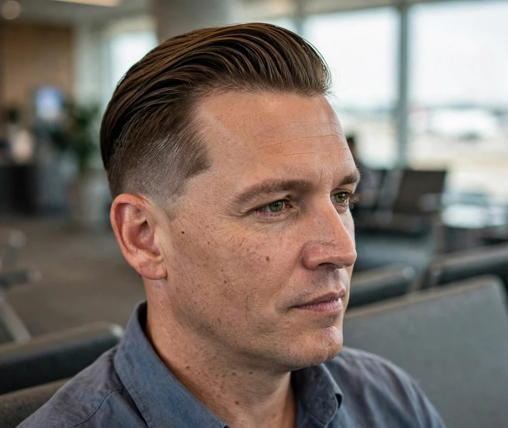 Neat combed-back top with sharp temple fade on brown hair, business casual shirt, airport lounge