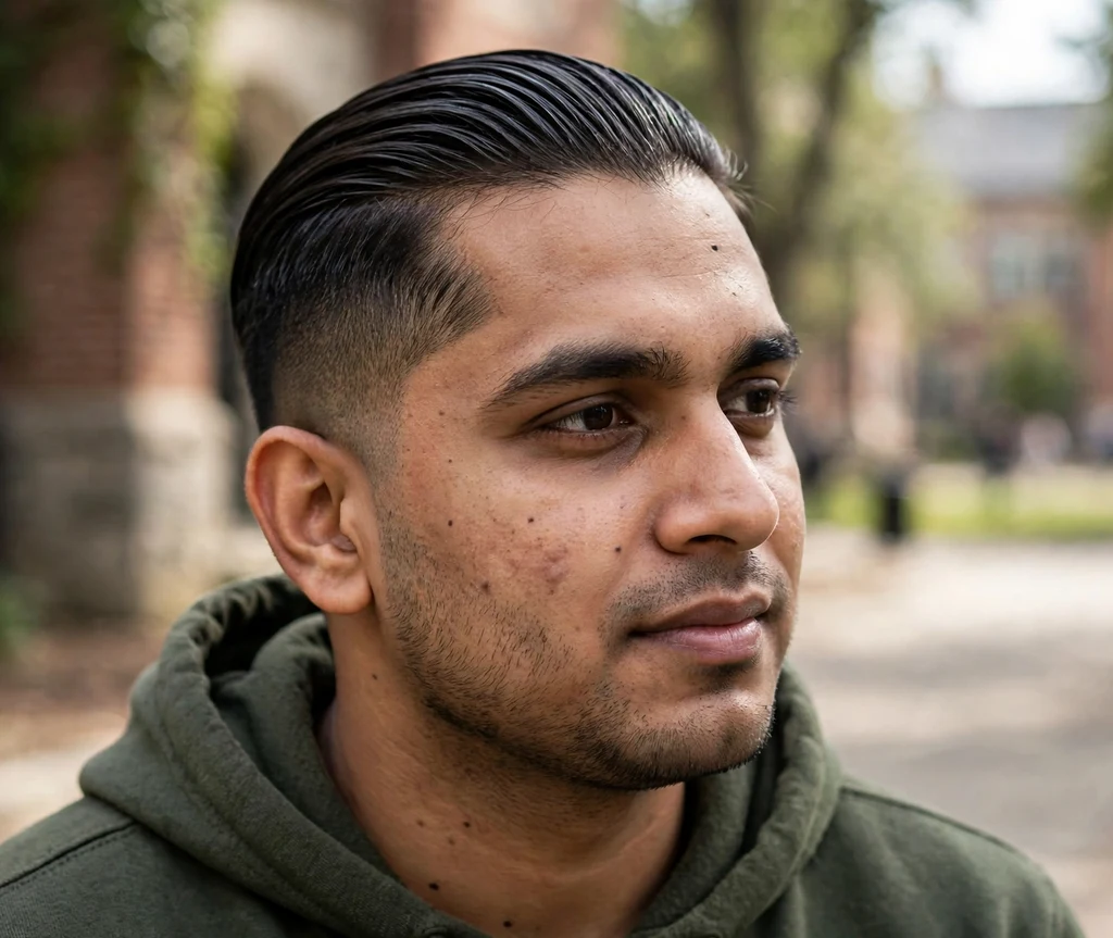 Longer top slicked back with buzzed sides on dark hair, hoodie, college campus