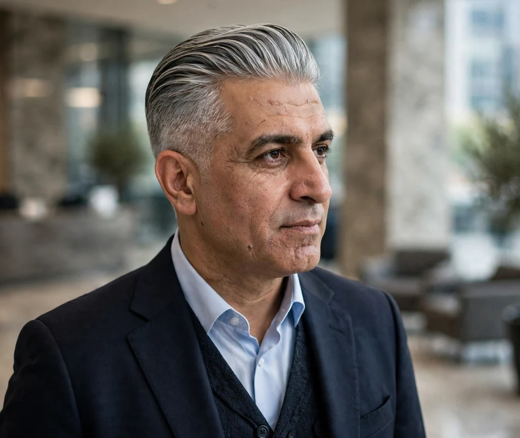 Immaculate contour-cut slick back on silver-gray hair with tapered sides, three-piece suit, corporate lobby