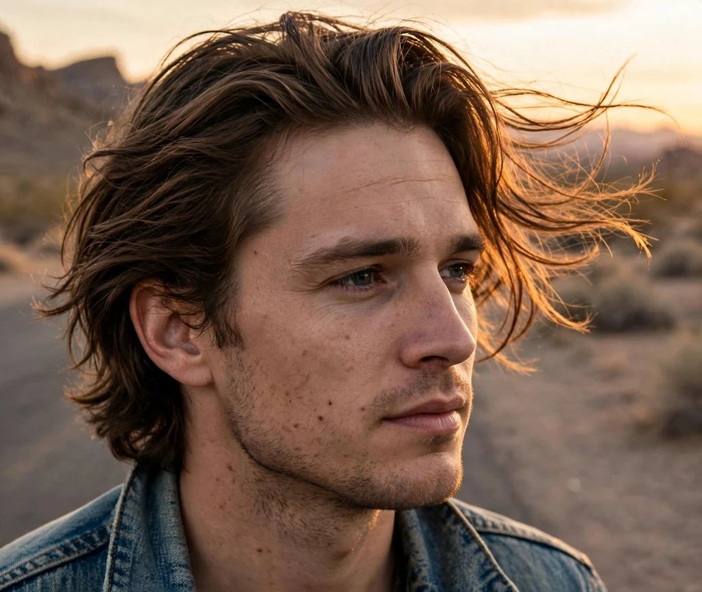 Medium-length flowing hair pushed back naturally on brown hair, denim jacket, desert road at sunset
