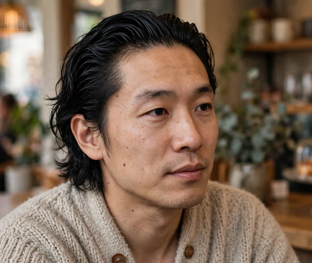 Grown-out curtain haircut pushed straight back off the forehead on black hair, cardigan, cozy coffee shop