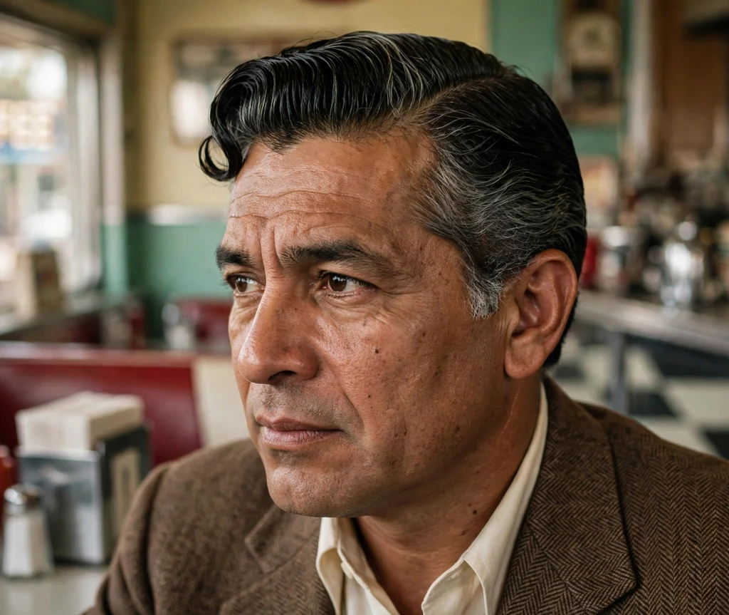 Classic 1950s greaser-style slick back with high shine and front wave, vintage suit, retro diner