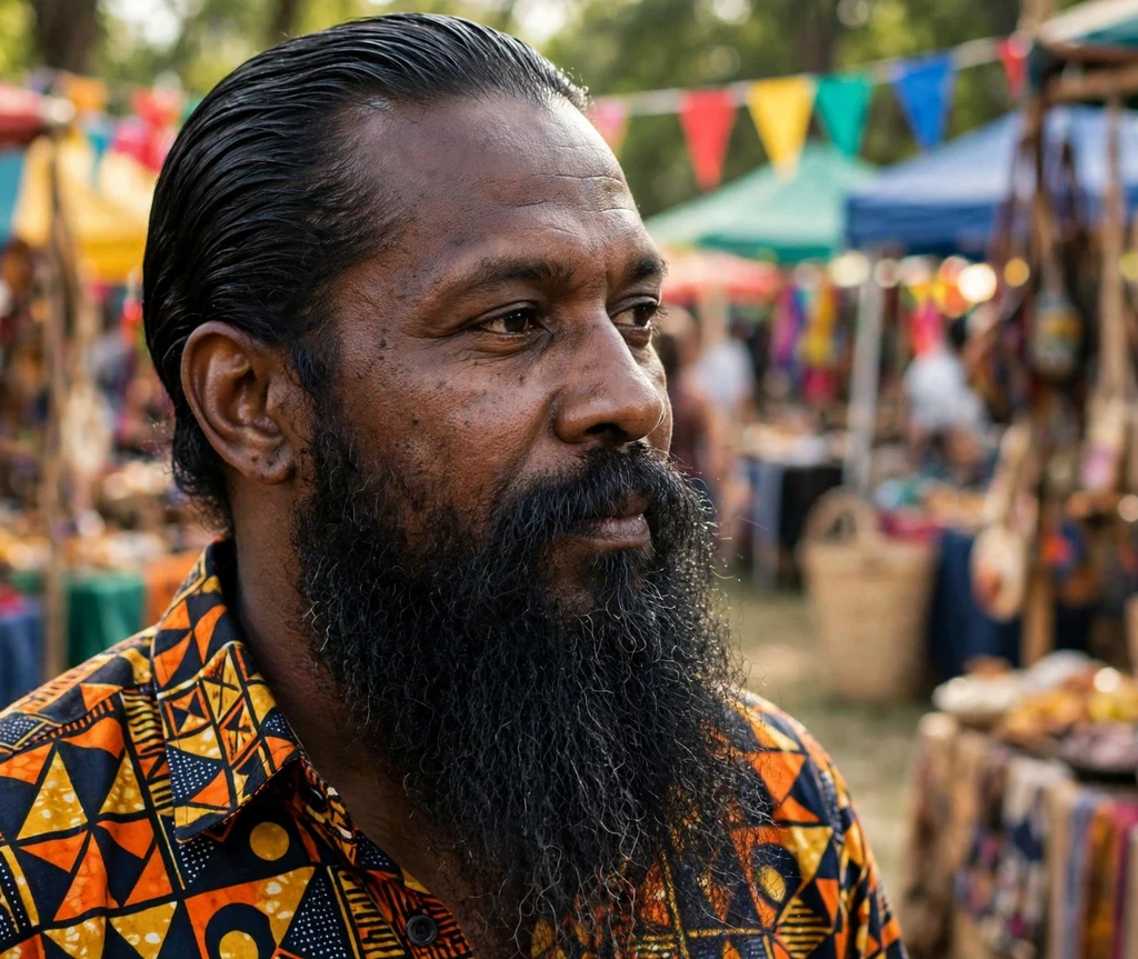 Swept-back dark hair with a very long full beard, patterned shirt, outdoor cultural festival
