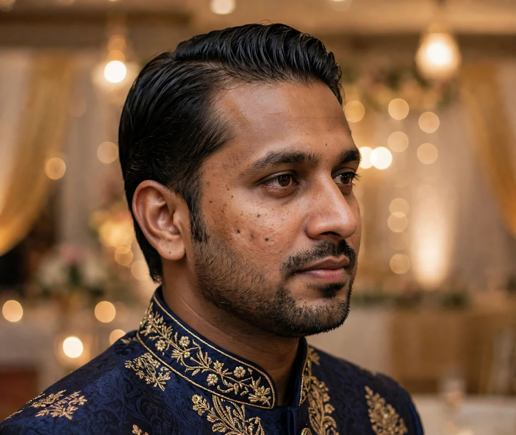Combed-back top with softly tapered neckline and sideburns on dark hair, sherwani, wedding hall