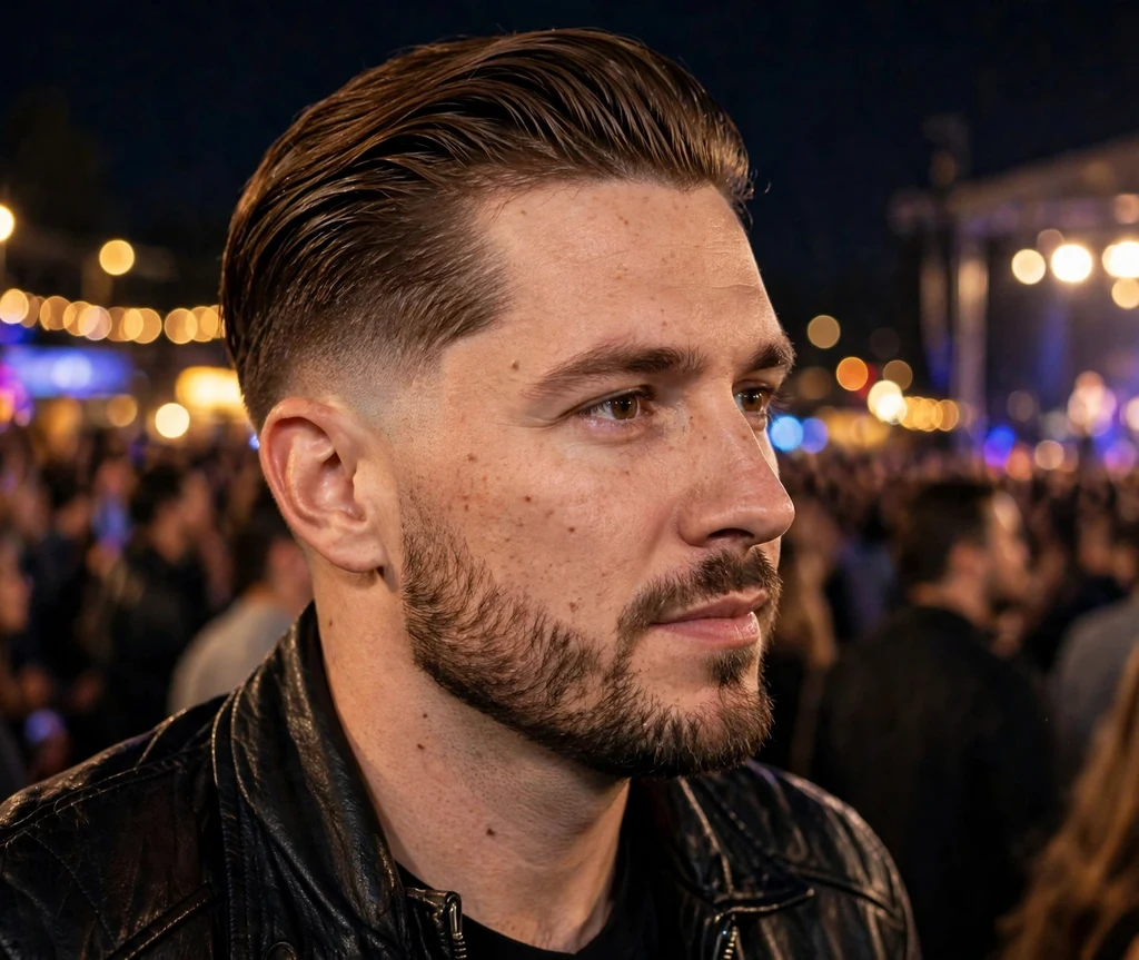 Swept-back brown top with short boxed beard faded into sideburns, leather jacket, concert crowd