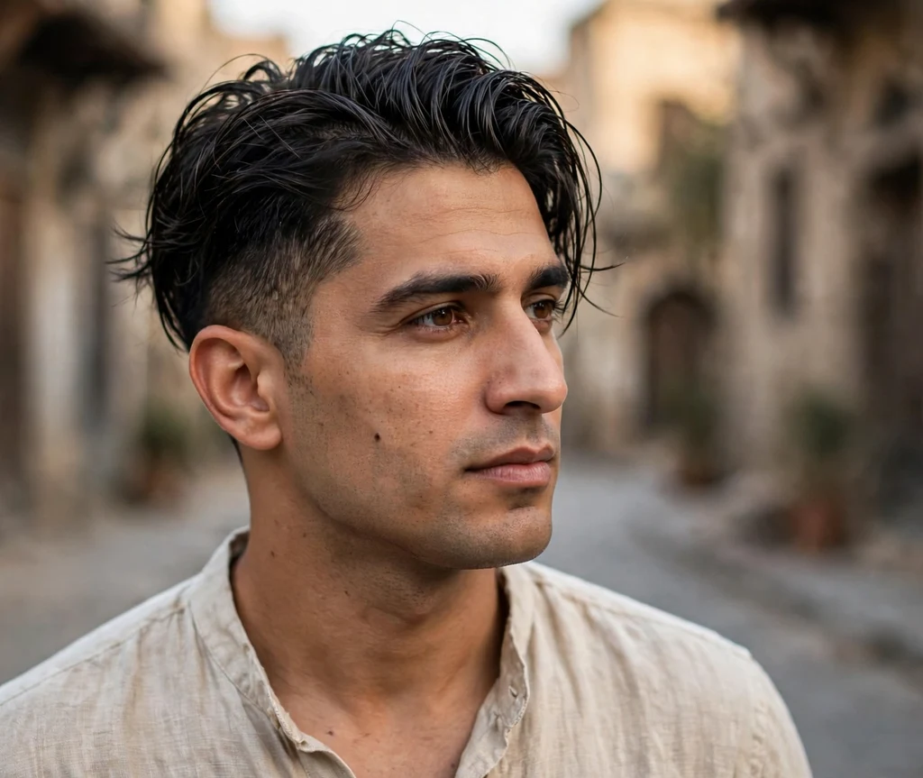 Textured fringe swept back loosely with faded sides on dark hair, casual linen shirt, old town street