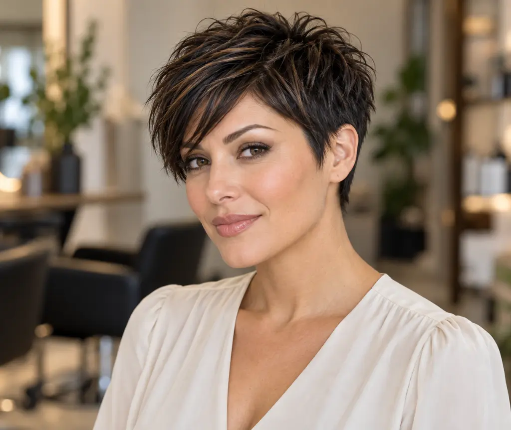 Soft Black Pixie With Espresso Highlights