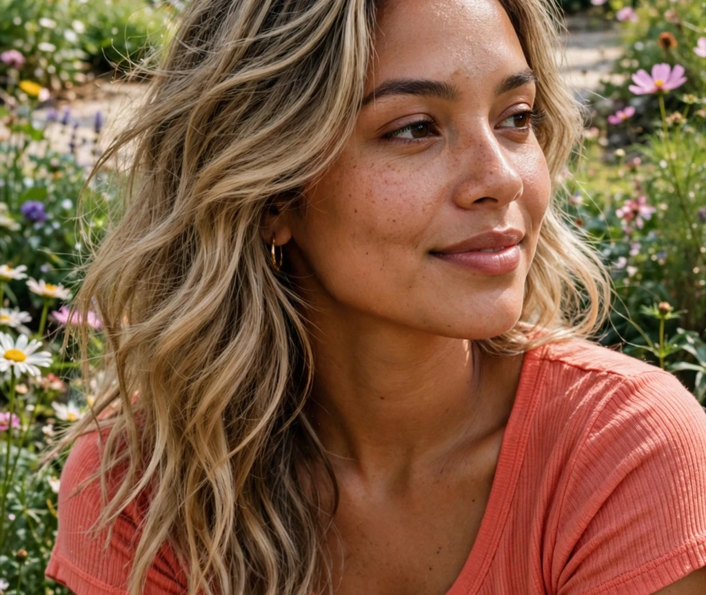 Young woman with sandy blonde balayage and soft beach waves in a sunny garden