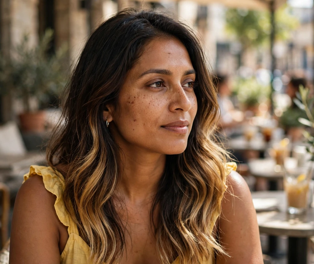 Woman with honey blonde dipped layers on a sunlit café patio