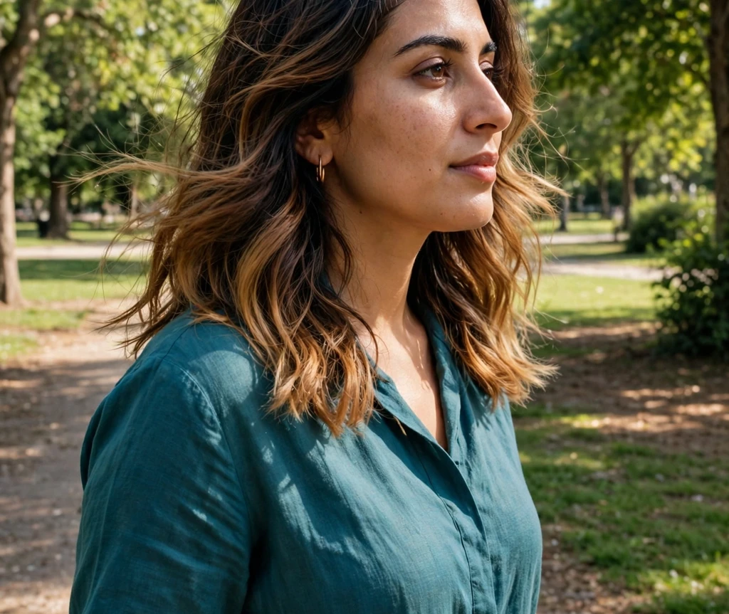Woman with soft caramel ombre hair walking in a sunny park