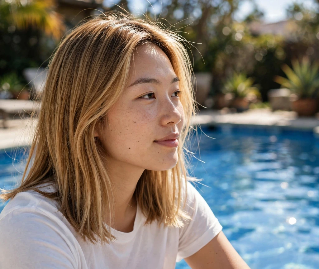 Woman with sun-kissed bronde hair at the poolside