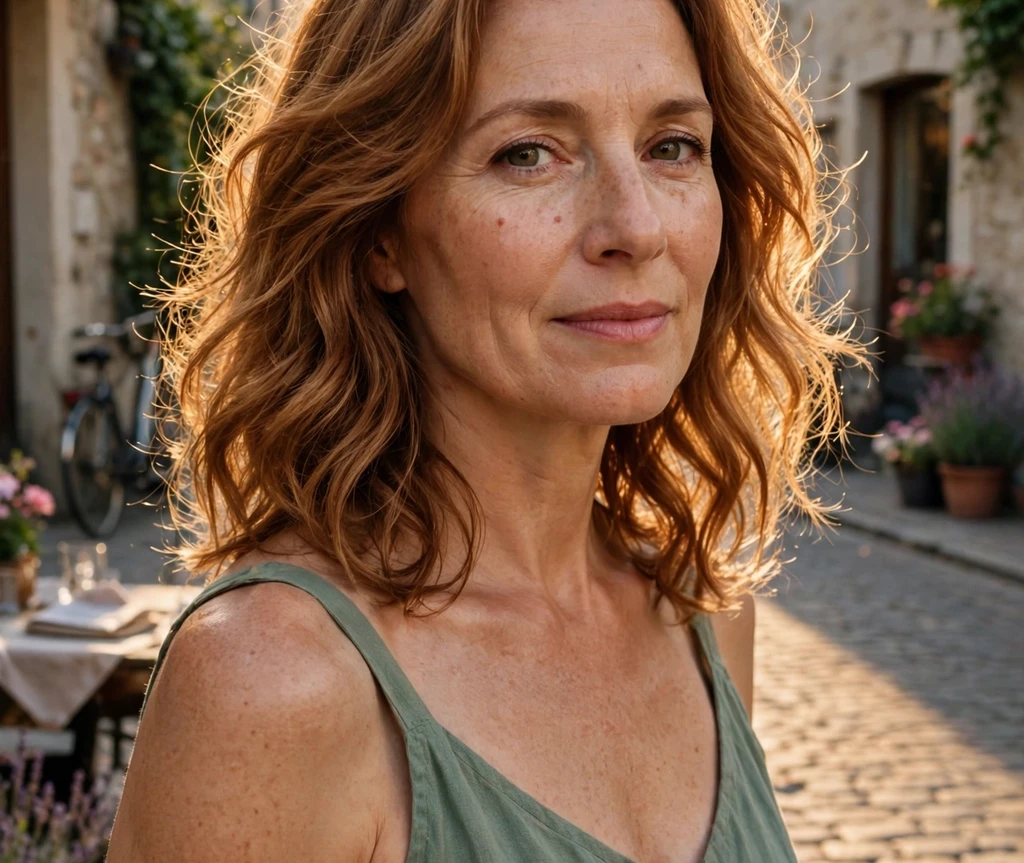 Woman with light auburn glowing hair on a sunlit street
