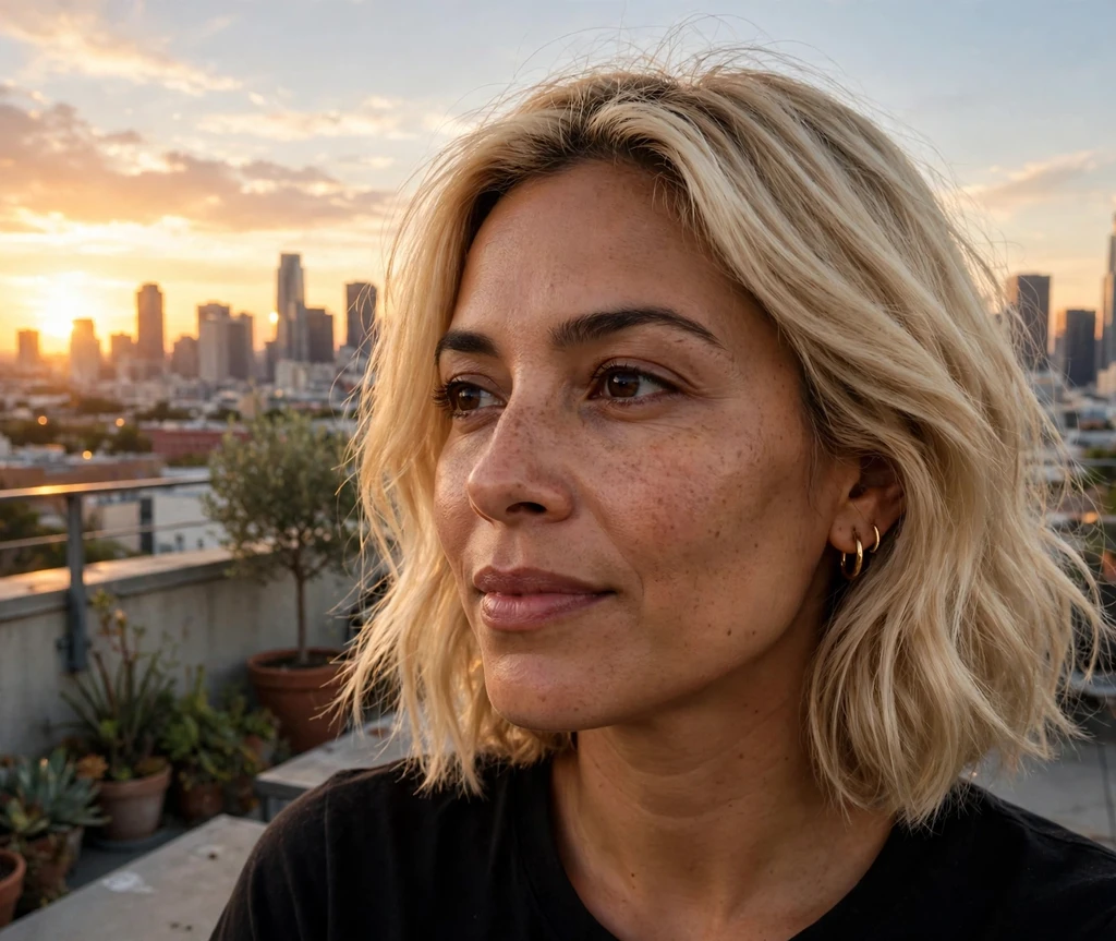 Woman with buttery champagne blonde bob on a rooftop at sunset