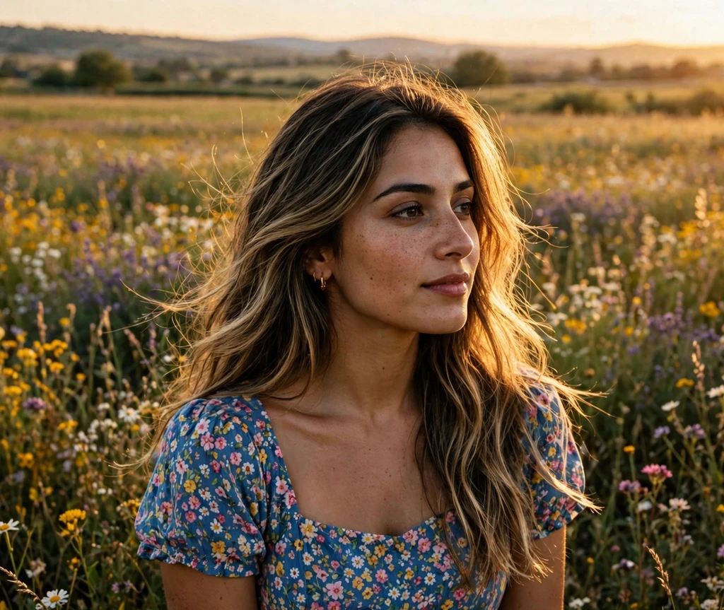 Woman with golden hour highlights in long layers in a sunlit field