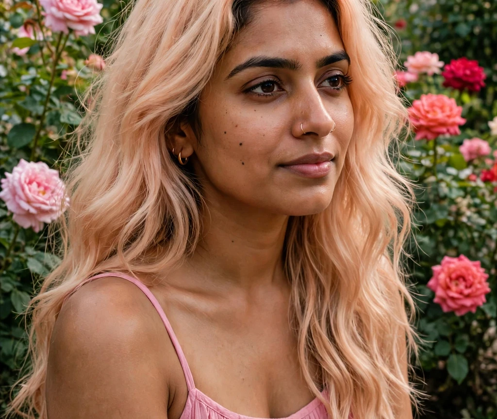Woman with peach blush blonde hair in a blooming summer garden