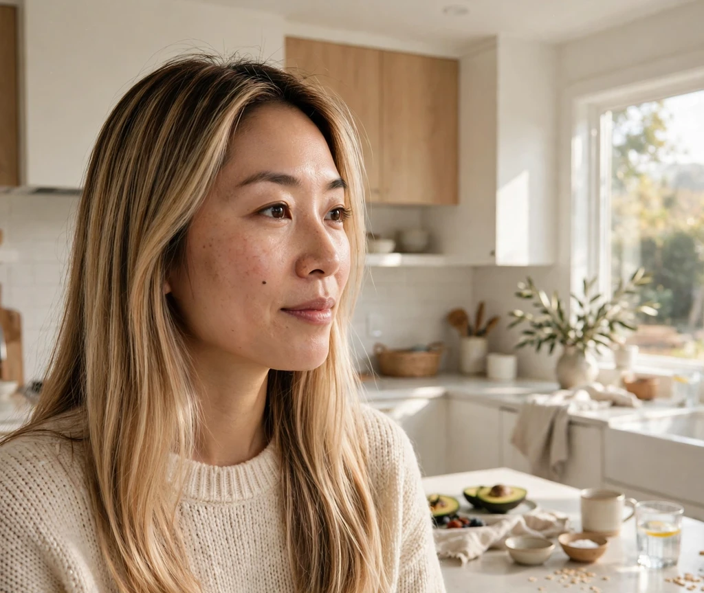 Woman with warm vanilla blonde roots in a bright sunlit kitchen