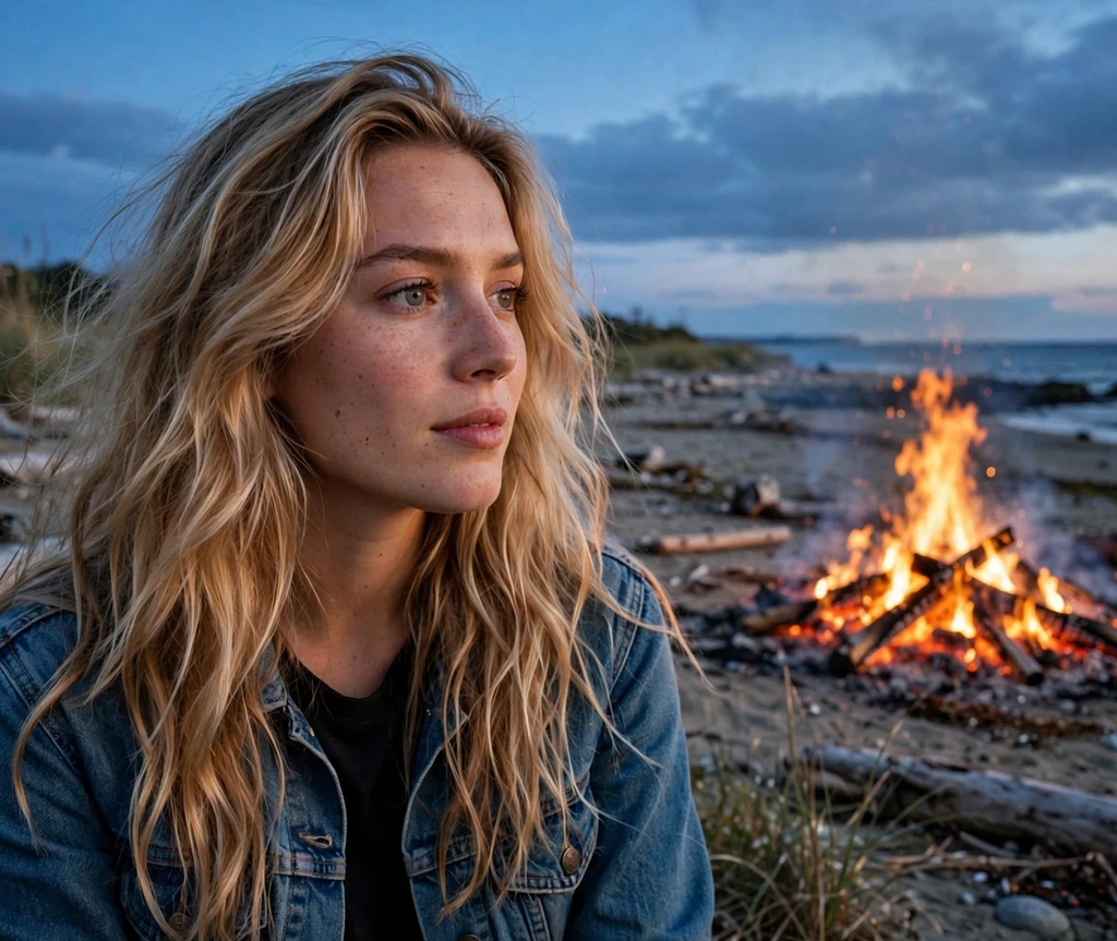 Woman with toasted marshmallow blonde waves at an evening bonfire