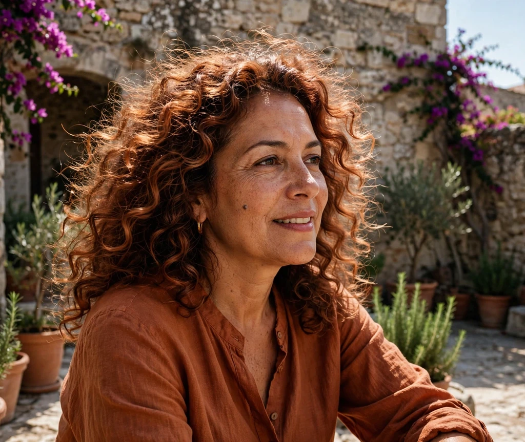Woman with copper kissed curly hair in a sunny courtyard