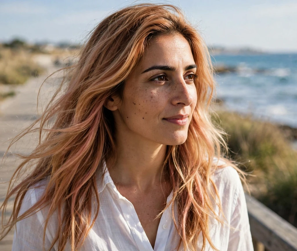 Woman with strawberry honey blonde blend on a sunny boardwalk