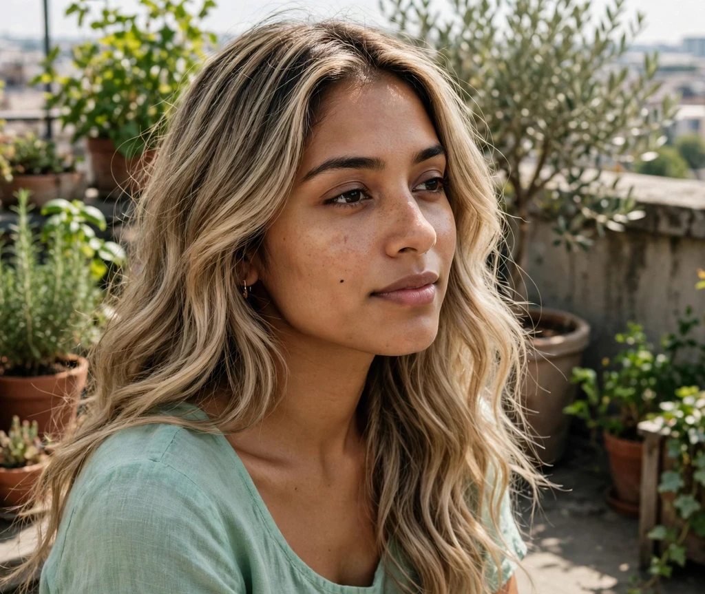 Woman with dimensional beige blonde hair on a sunny terrace
