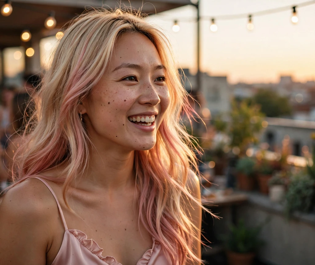 Woman with soft rose gold tinted hair at a summer rooftop party
