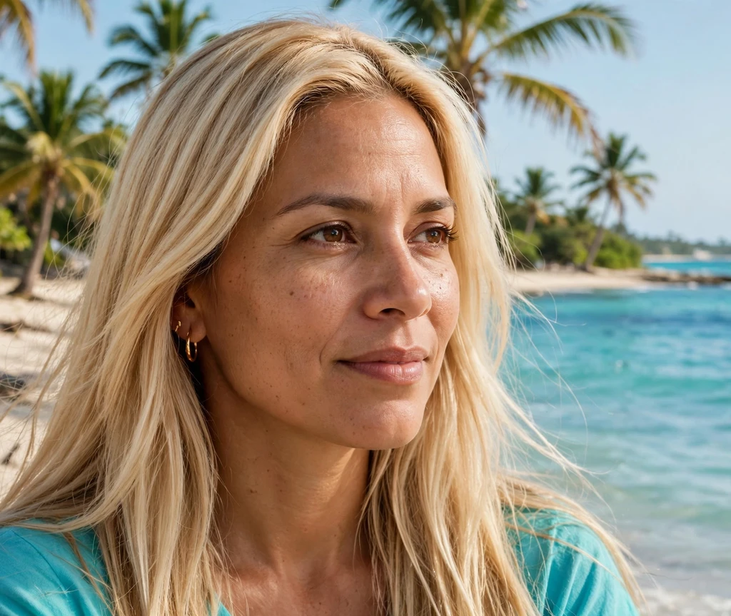Woman with coconut cream blonde hair on a tropical beach