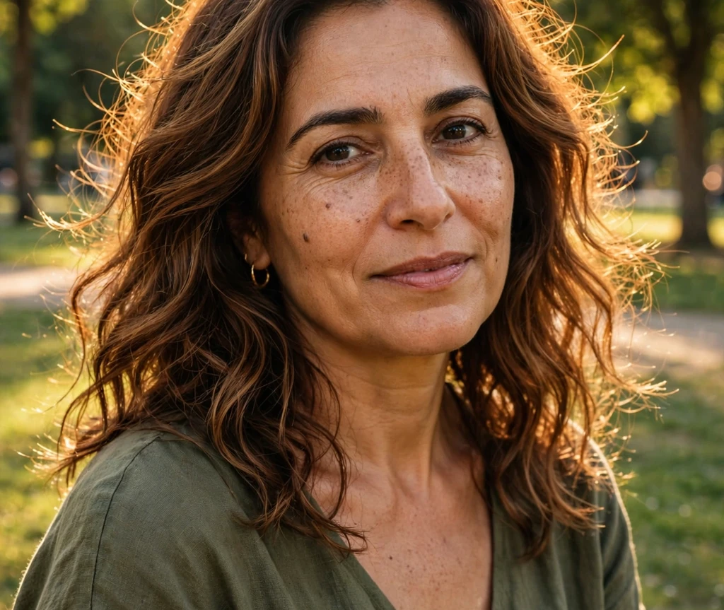 Woman with sunlit chestnut melted hair in a warm summer park