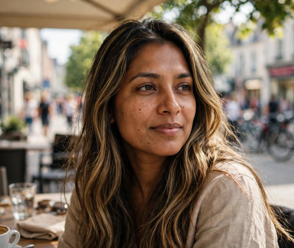 Woman with light toffee ribbon highlights at a sunny outdoor café