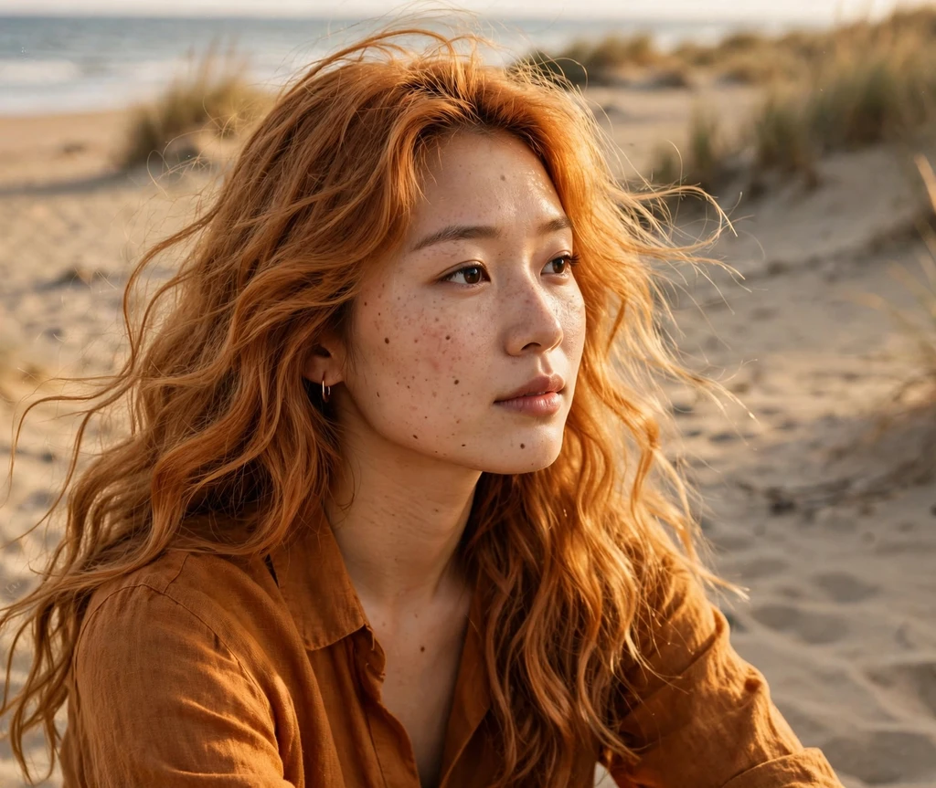 Woman with honeyed ginger wavy hair on a golden beach