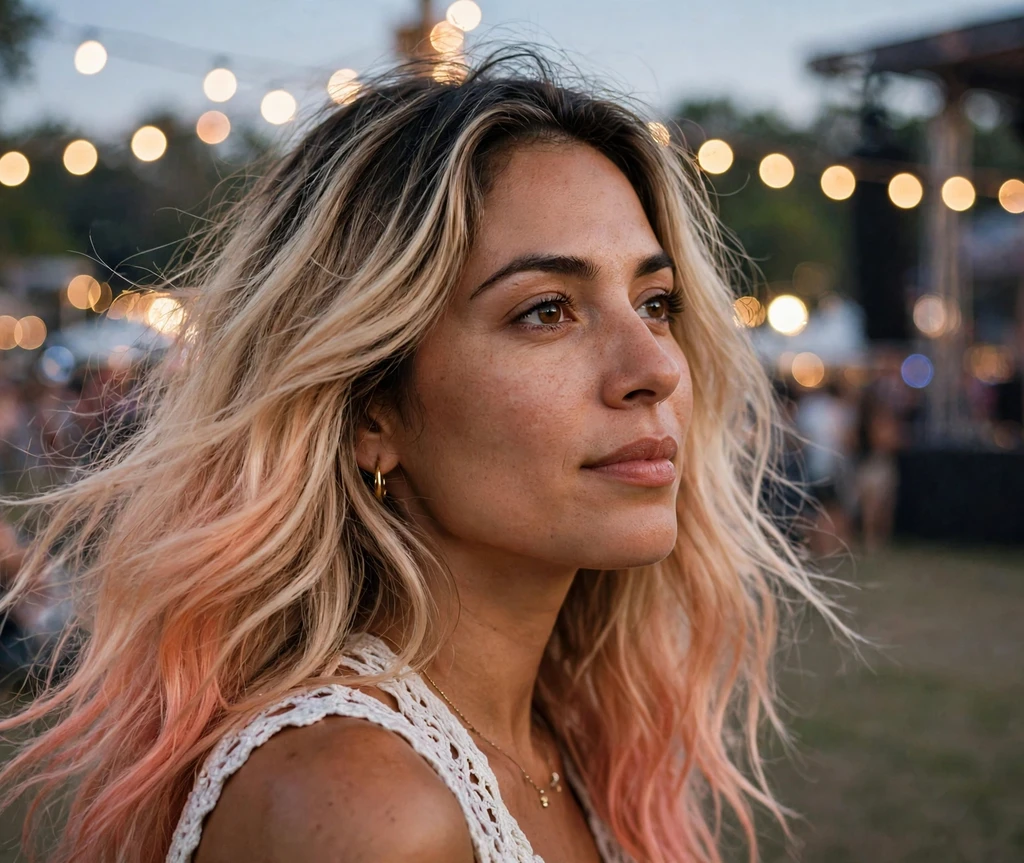 Woman with soft peach ombre hair at a summer festival