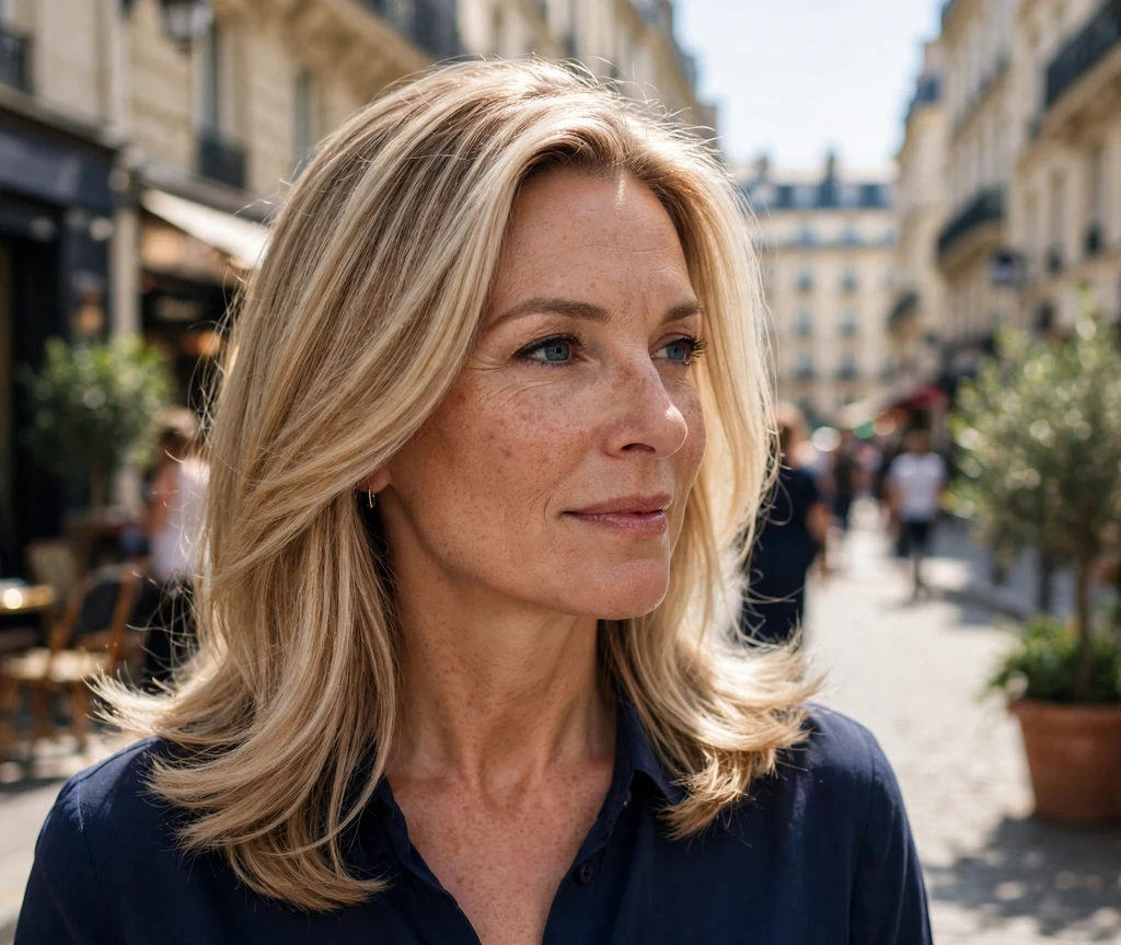 Woman with champagne bronde blended hair on a bright city street